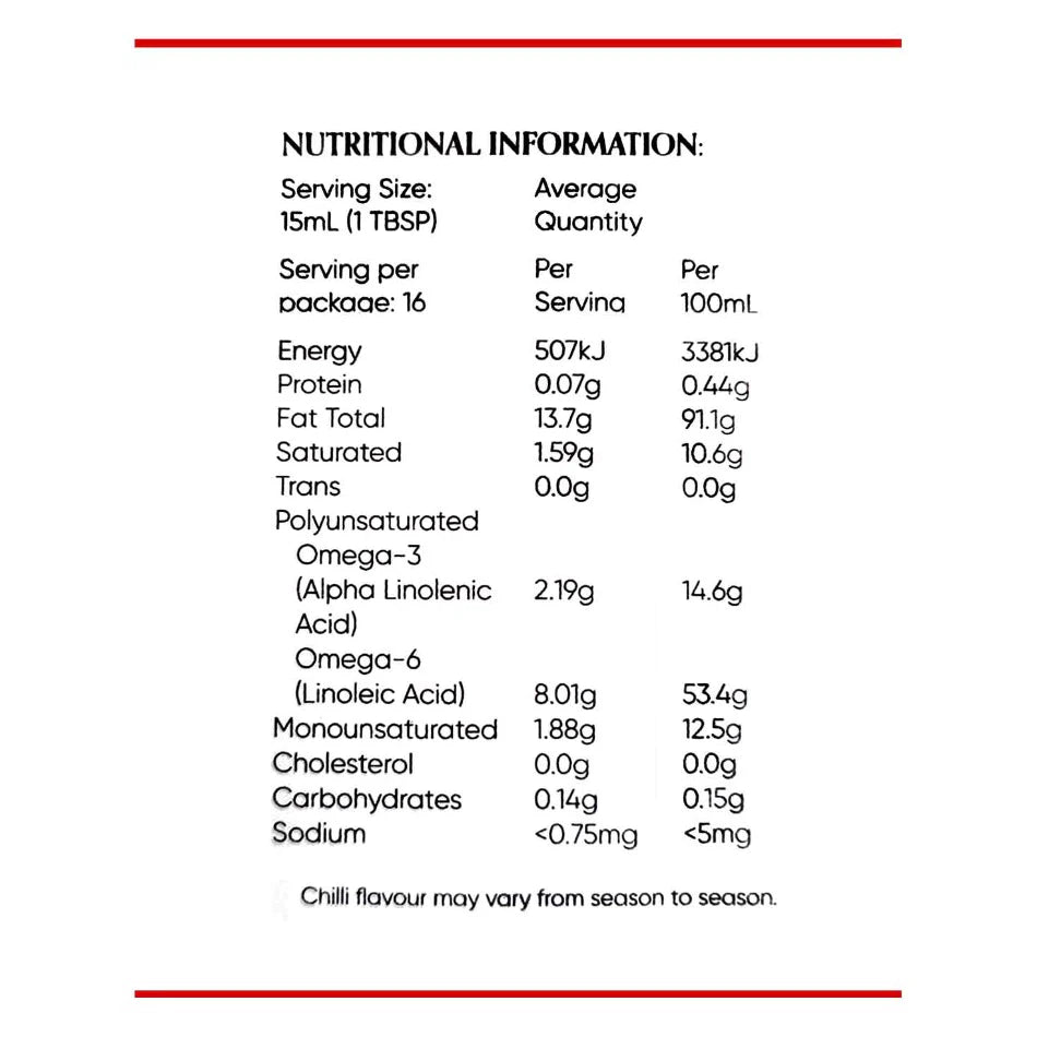 Chilli oil nutritional information