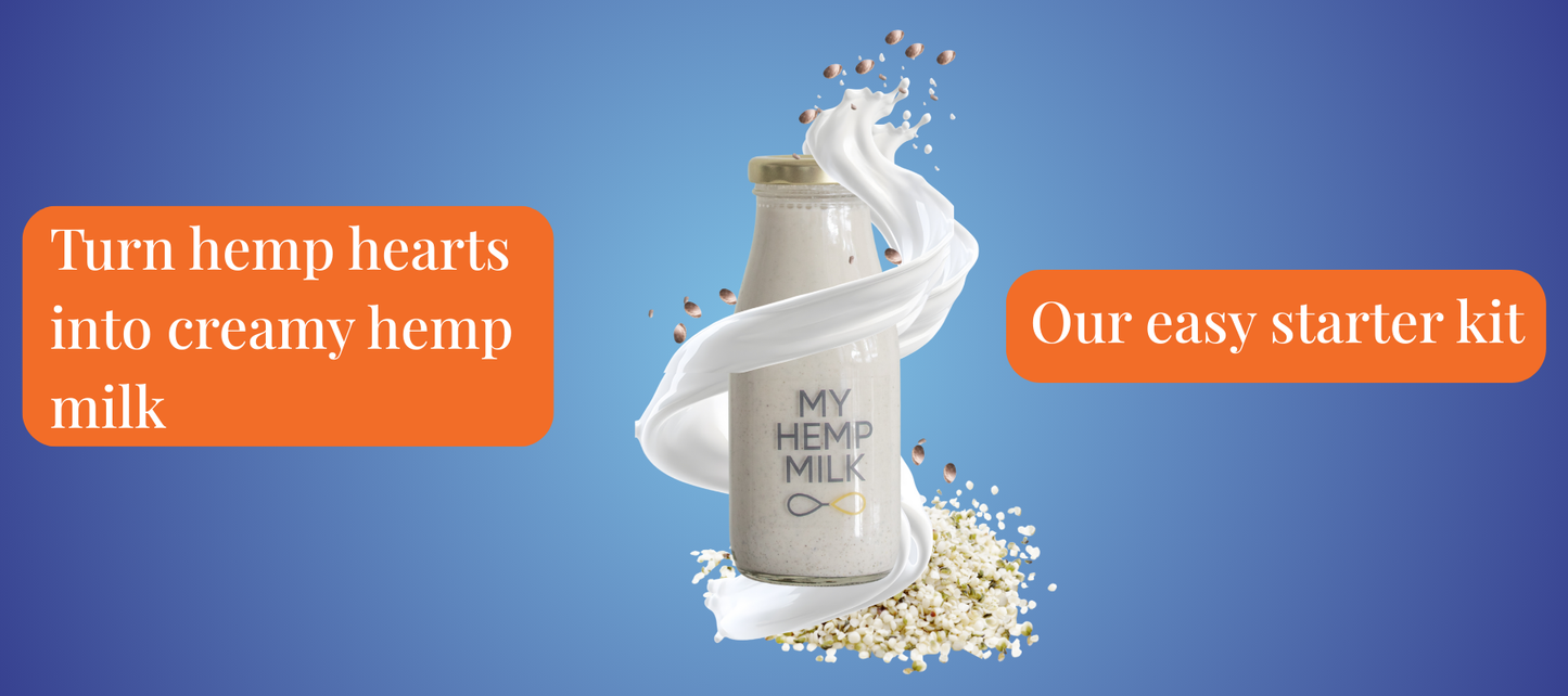 My Hemp Milk container with hemp hearts and milk on a blue background, featuring text about turning hemp hearts into creamy hemp milk.