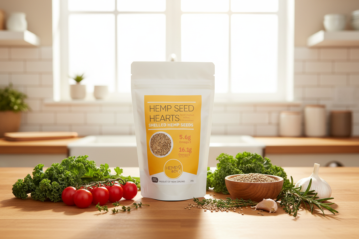 Packaging of Hemp Seed Hearts on a white background