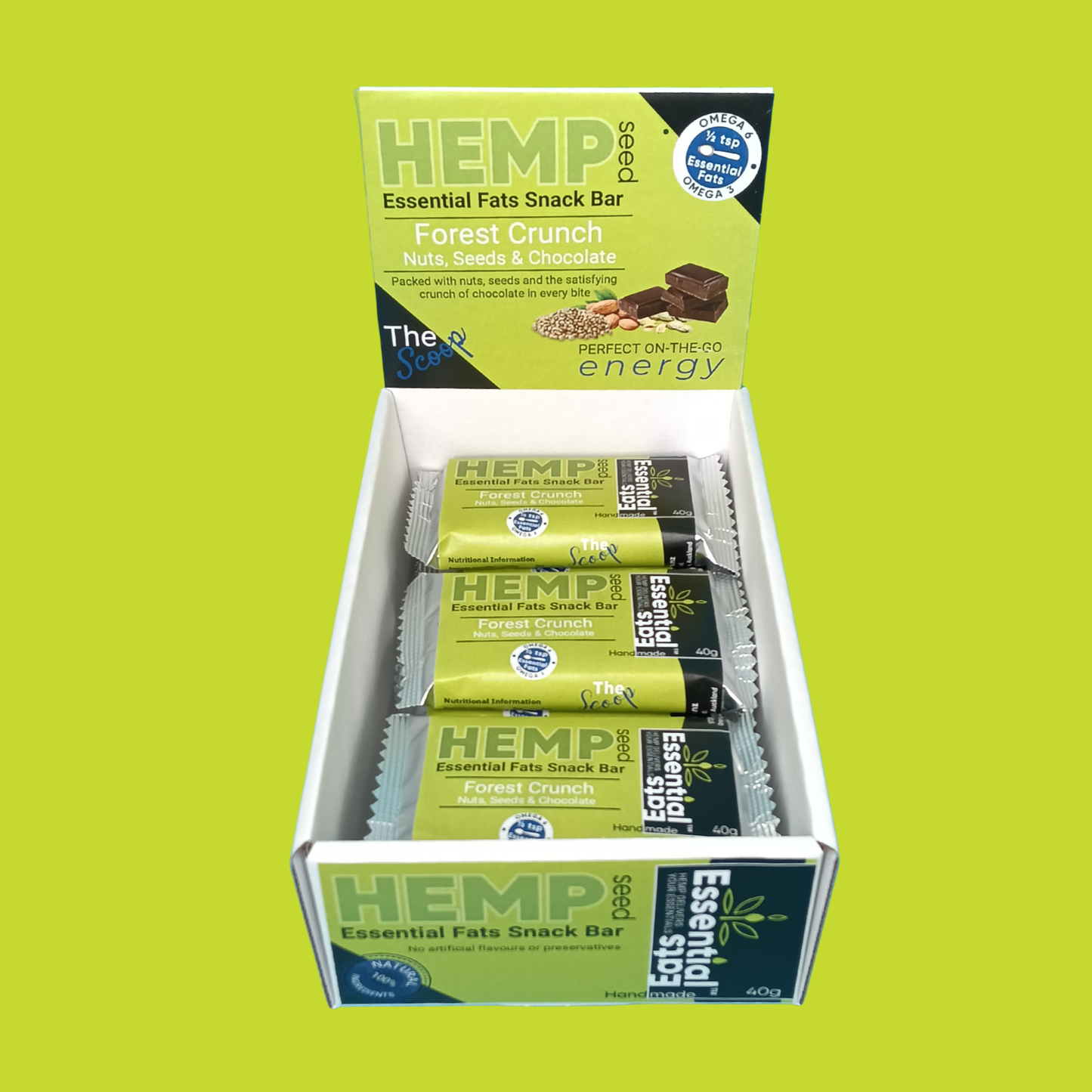 Box of Hemp Essential Fats Snack Bars on a green background