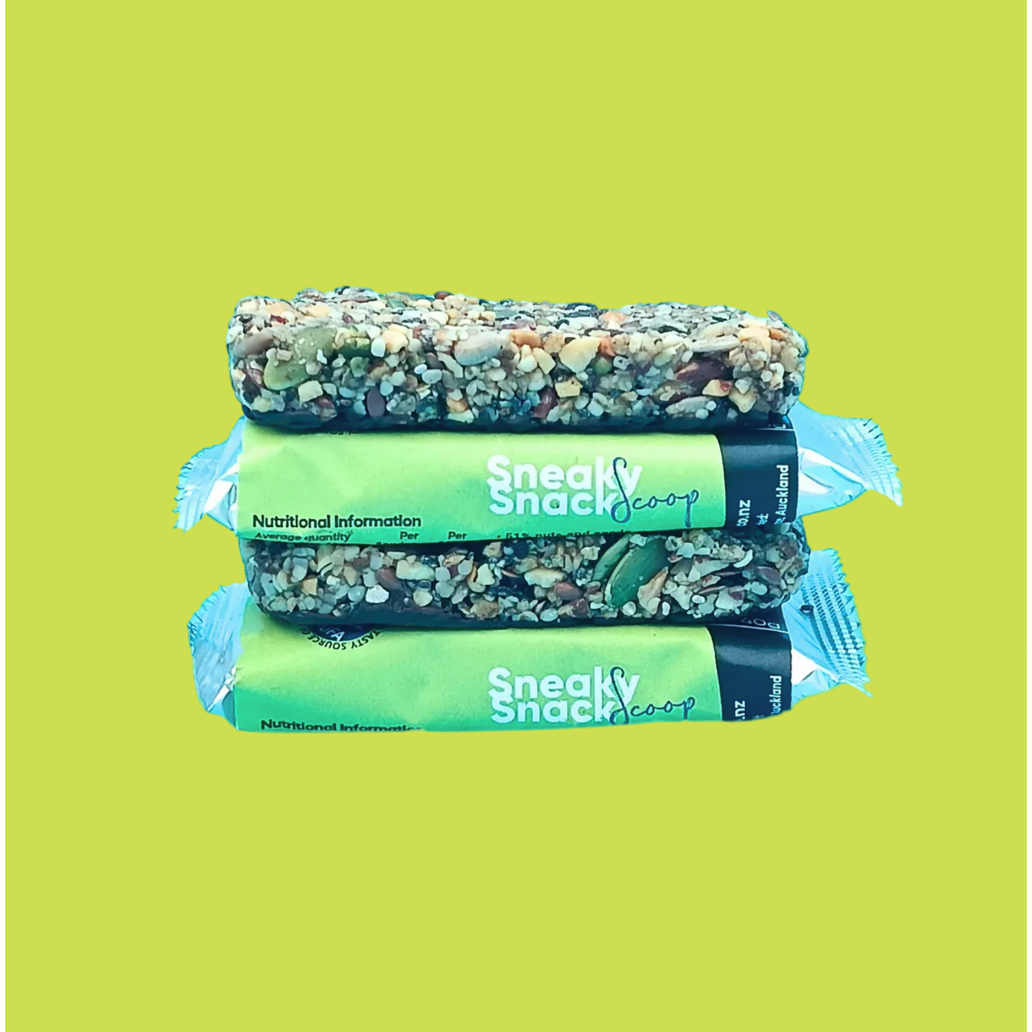 Hemp snack bar packaging with seeds and chocolate chips on a green and blue background