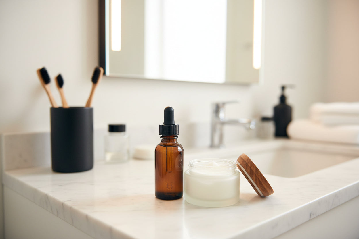 Bottle of oil serum sitting on a bathroom marble benchtop, towel and toothbrush in the background