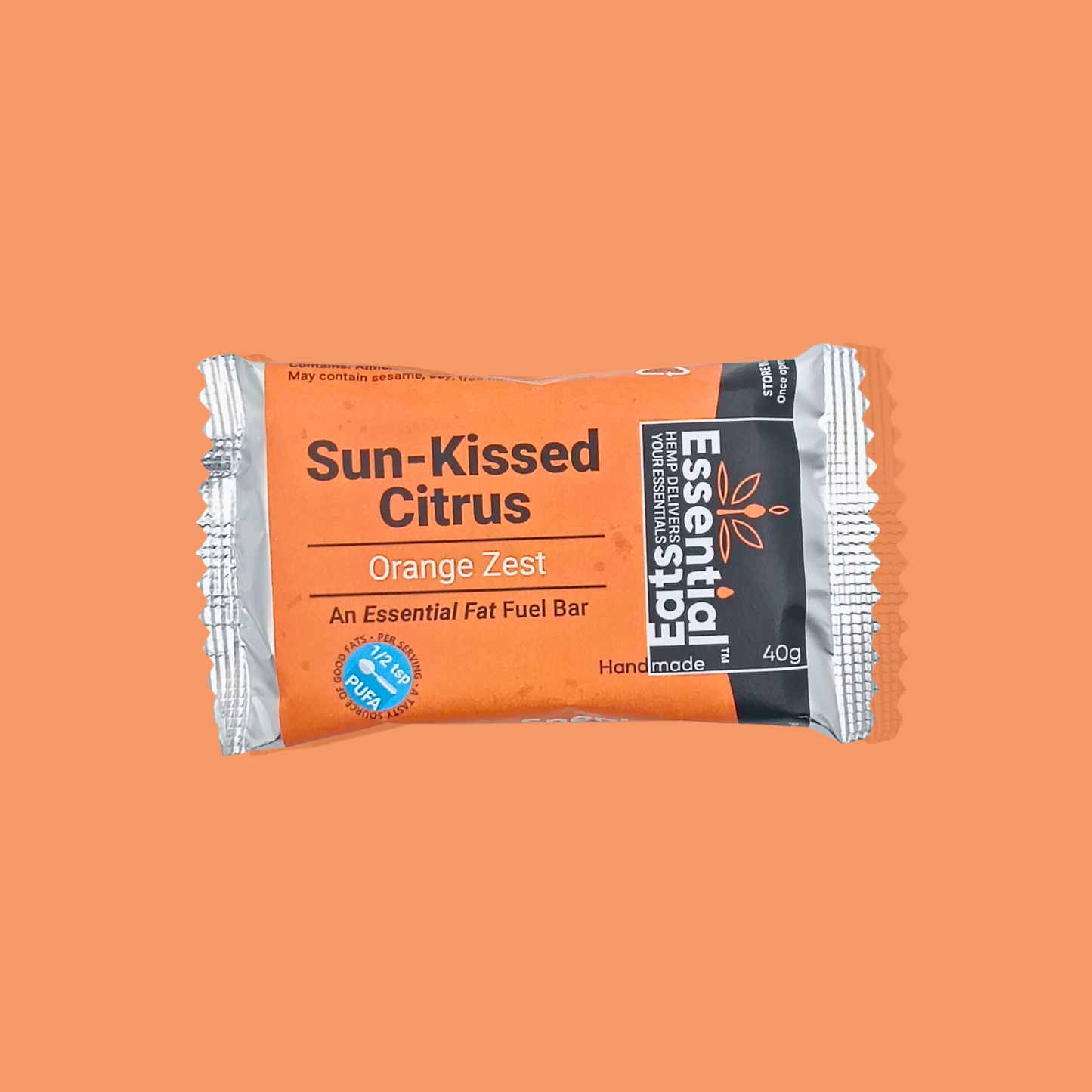 Sun-Kissed Citrus orange zest fat fuel bar packaging on an orange background