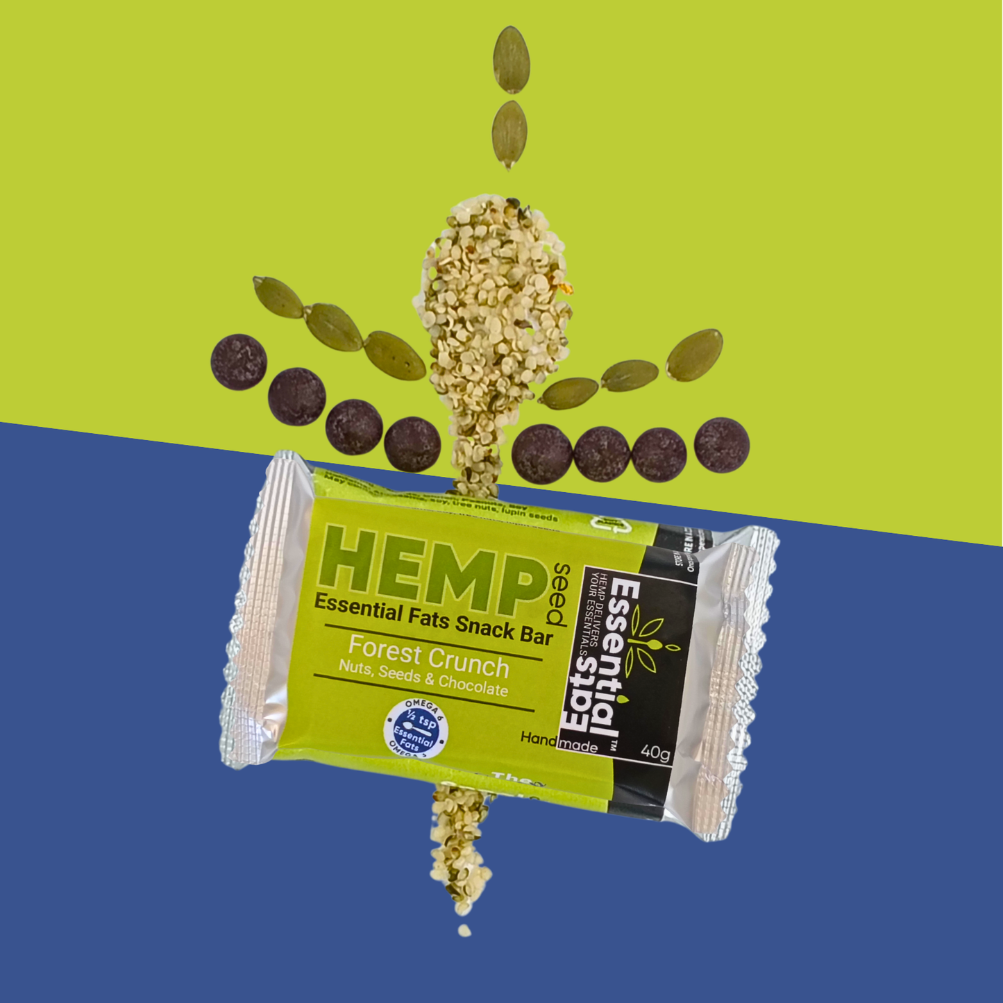 Hemp snack bar packaging with seeds and chocolate chips on a green and blue background
