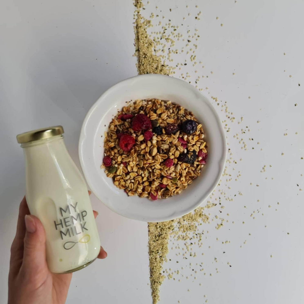 
                  
                    bowl of muesli with hemp milk
                  
                