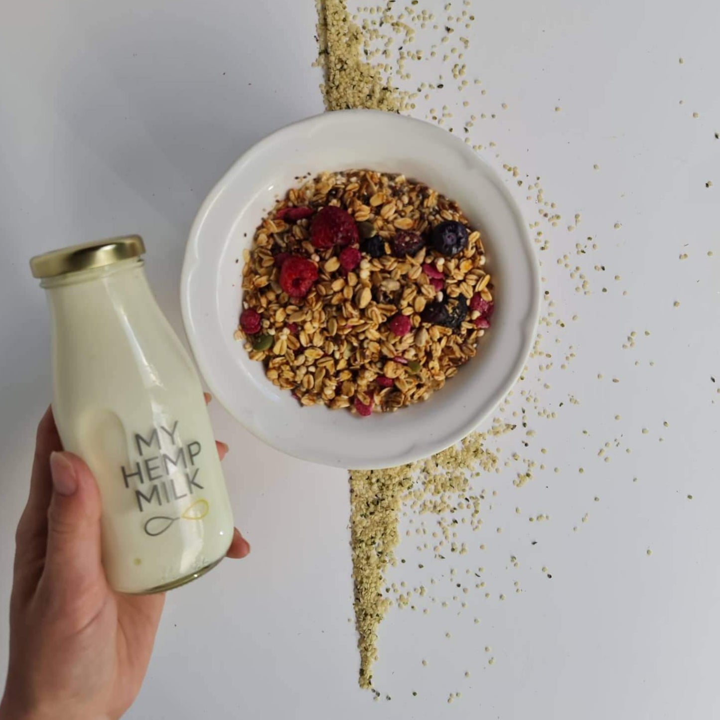 bowl of cereal & bottle of creamy hemp milk