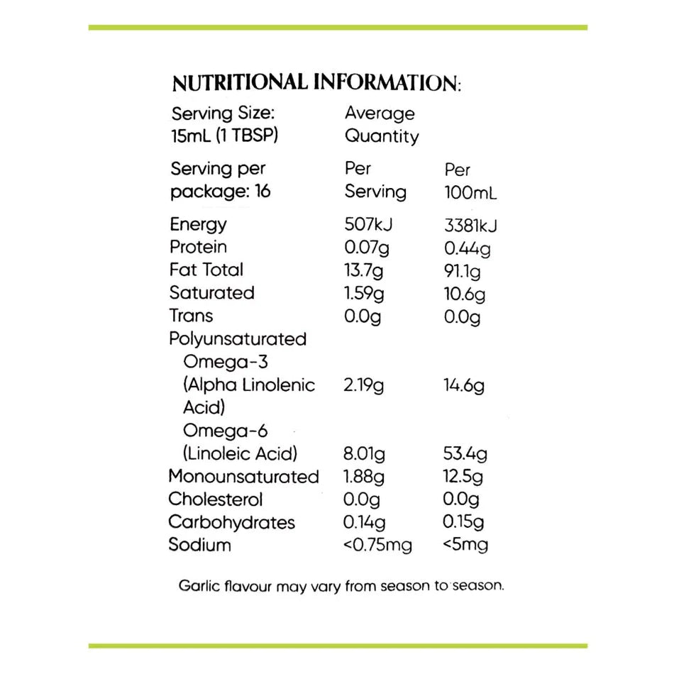 
                      
                        Natural garlic flavoured hempseed oil nutritional info
                      
                    